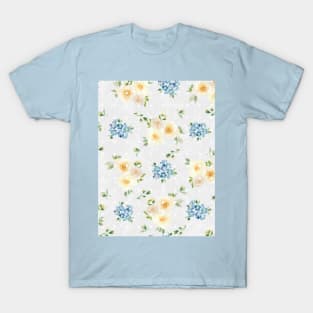 White Roses Blue Forget Me Nots Polka Dots on Grey Abstract Floral T-Shirt